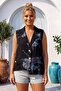 Italian Black Jacket Collar Sleeveless Floral Casual 100% Linen Woven Vest 69 60 - 4