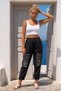 Italian Black Pocketed Sequined Elastic Waist Narrow Leg Casual Woven Trousers 95 65 - 7