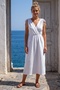 White Double-Breasted Collar Sleeveless Robe with Elastic Shoulder Gathering Casual Muslin Long Woven Dress 120 52 - 4
