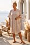 Beige Hakim Collar Short Sleeve Buttoned Hidden Pocket Embroidered Casual Woven Dress 105 75 - 4