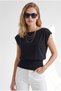 Women's Black Boat Neck Belted Seasonal Cotton-Blend Blouse Blz-19003388 - 5