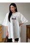Women's White Ribbon Printed Oversize T-Shirt - 3