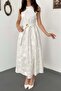Women's White Midi Dress with Floral Embroidery, Belted, Gathered, Lined, A-Line - 4