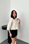 Women's White Tassel Detailed Textured Round Neck 3/4 Sleeve Crop Blouse - 2