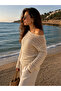 Women's Ecru Openwork Mesh Knit Boat Neck Summer Knitwear Pareo Blouse - 2