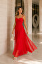 Women's Red Thin Strap Draped Gathered Tulle Detailed Long Evening Dress