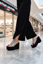 Connie Premium Black Fabric Stone Platform Wedge Heeled Lightweight Flip-Flop Slippers - 2