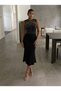 Women's sleeveless off-the-shoulder midi dress with stone embellished straps in janjan crepe. - 3