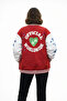 Red Varsity Snapback Printed Oversized Mold College Jacket - Red - 3
