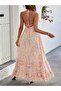 Women's Rope Strap V-Neck Backless Halter Neck Long Patterned Single Jersey Dress - 4