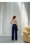 Women's Navy Blue High Waist Lace-Up Muslin Trousers Sr5200 - 8