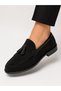 Men's Black Suede Shiny Detailed Loafer Classic Casual Shoes with Tassels - 7