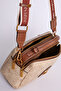Monogram Printed Double Pocket Double Strap Stylish Logo Detailed Women's Hand and Shoulder Bag Khaki - 4