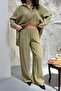 Women's Olive Bottom - Top Set Shirt Pants Double Set Buttoned Wide Leg Long Sleeve - 4
