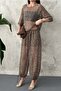 Women's Brown Top and Bottom Set Sequined Double Set Crew Neck Three-Quarter Sleeves Lace-Up Hem - 4