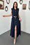 Women's Navy Blue Vest Skirt Set Shirt Collar Crop Top Buttoned Long Skirt