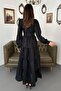 Women's Black Maxi Shirt Collar Belted Striped Buttoned Layered Dress - 5