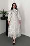 Women's Black Scarf Collar Floral Patterned Balloon Sleeve Lined Midi Dress