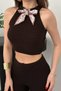 Women's Brown Top and Bottom Set Knitwear Top and Bottom Set Openwork Crop Halter Neck Scarf Detailed Wide - 4