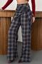 Women's Navy Blue Plaid High Waist Belted Side Tie Wide Leg Pants - 4
