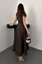 Women's Brown Sleeveless Denim Godet Midi Dress Round Neck Flared Cut - 5