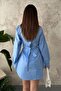 Women's Blue Shirt Collar Long Sleeve Belted Waist Buttoned Short Two-Piece Set - 5