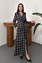 Women's Navy Blue Plaid Patterned Shirt Collar Buttoned Long Sleeve Pleated Maxi Dress - 2