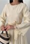 Women's Yellow Long Sleeve Lace Cuff Belted A-Line Maxi Dress - 4