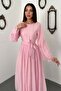 Women's Pink Long Sleeve Lace Cuff Belted A-Line Maxi Dress - 3