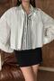 Women's White Shirt with Stripe Trim Oversize Crop Cut Long Sleeves - 5