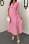 Women's Pink Polka Dot V-Neck Gipeli Balloon Sleeve Slit Midi Dress - 4