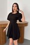 Women's Black Mini Dress with Balloon Sleeves and Tie Back, Gathered Skirt - 3