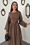 Women's Brown Long Sleeve Lace Cuff Belted A-Line Maxi Dress - 3