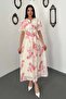 Women's Pink Floral Patterned Balloon Sleeve Belted Buttoned Midi Woven Dress