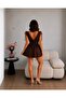 Brown Off-Shoulder Draped Short Dress with Rope Straps - 2