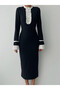 Women's Black Long Sleeve Midi Dress with Ruffle Detail and Contrast Cuffs, Pencil Cut - 2