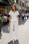 Women's V-Neck Double Buttoned Waist Belt Detailed Wide Leg Pocketed Trouser Suit - 3