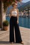 Women's Navy Blue Patterned Wide Leg Palazzo Trousers High Waist Relaxed Fit - 2