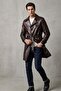 Brown Alen Buttoned Lined Slit Genuine Leather Coat - 4