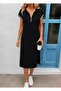 Women's Short Sleeve Zippered Collar Midi Viscose Dress