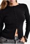 Women's Black W6-1 Belt Length Flexible Fabric Buttoned Knitwear Cardigan - 3