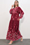 Women's Patterned Long Hijab Dress 2585 - C. Burgundy