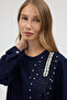 Stone Embellished Plus Size Suit - Navy Blue - 4