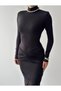 Women's Black High Neck Long Sleeve Gathered Slit Midi Pencil Dress - 7