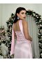 Women's Pink Strapless Shawl Detailed Satin Midi Dress with Open Back - 3