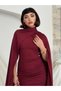 Women's Burgundy Midi Dress with Cape Detail, Gathered Midi Dress, Diver Fabric, Event Dress - 2