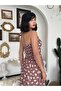 Women's Coffee Floral Patterned Halter Neck Strap Corset Look Midi Dress - 5