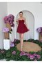 Women's Burgundy Mini Dress Strapless Sweetheart Neckline Gathered Tulle Skirted Mini Evening Dress - 6