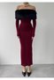 Women's Burgundy Midi Dress Strapless Collar Feather Detailed Long Sleeve Slim Fit - 2