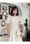 Women's Ecru Polka Dot Balloon Sleeve Crew Neck Fitted Waist Long Dress - 5